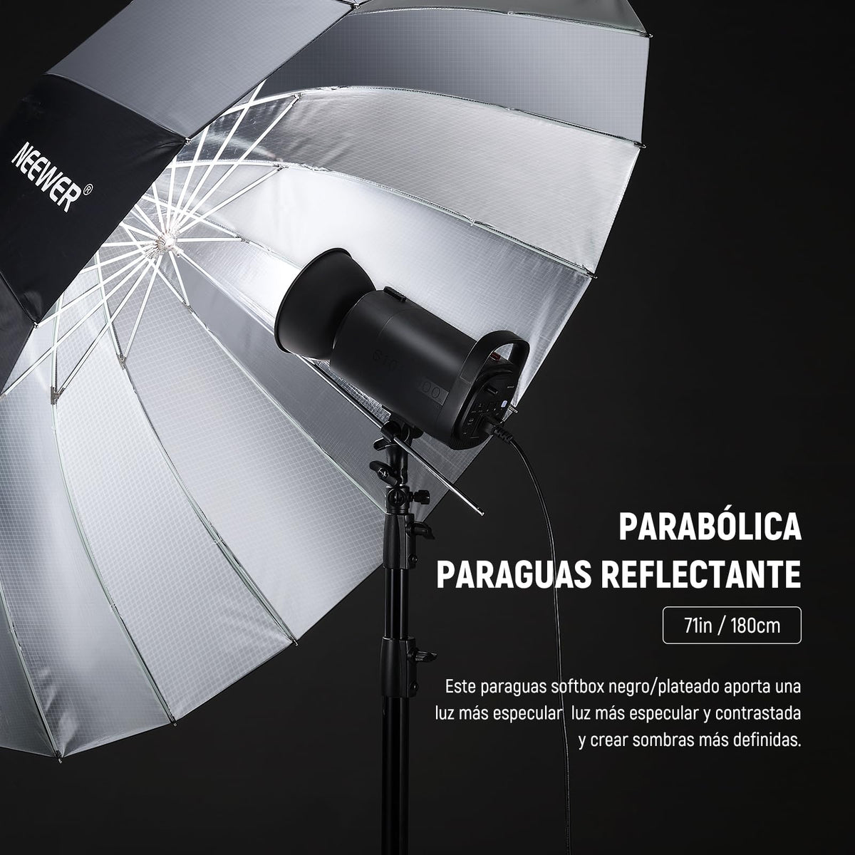 NEEWER 71"/180cm Paraguas Reflectante Parabólico Fotografía con Interior Platero,Soft Lighting con Cubierta Difusora, Bolsa, Plegar Rápido para Cámara Estudio Video Disparos de Luz Monoluz Flash,NS4U