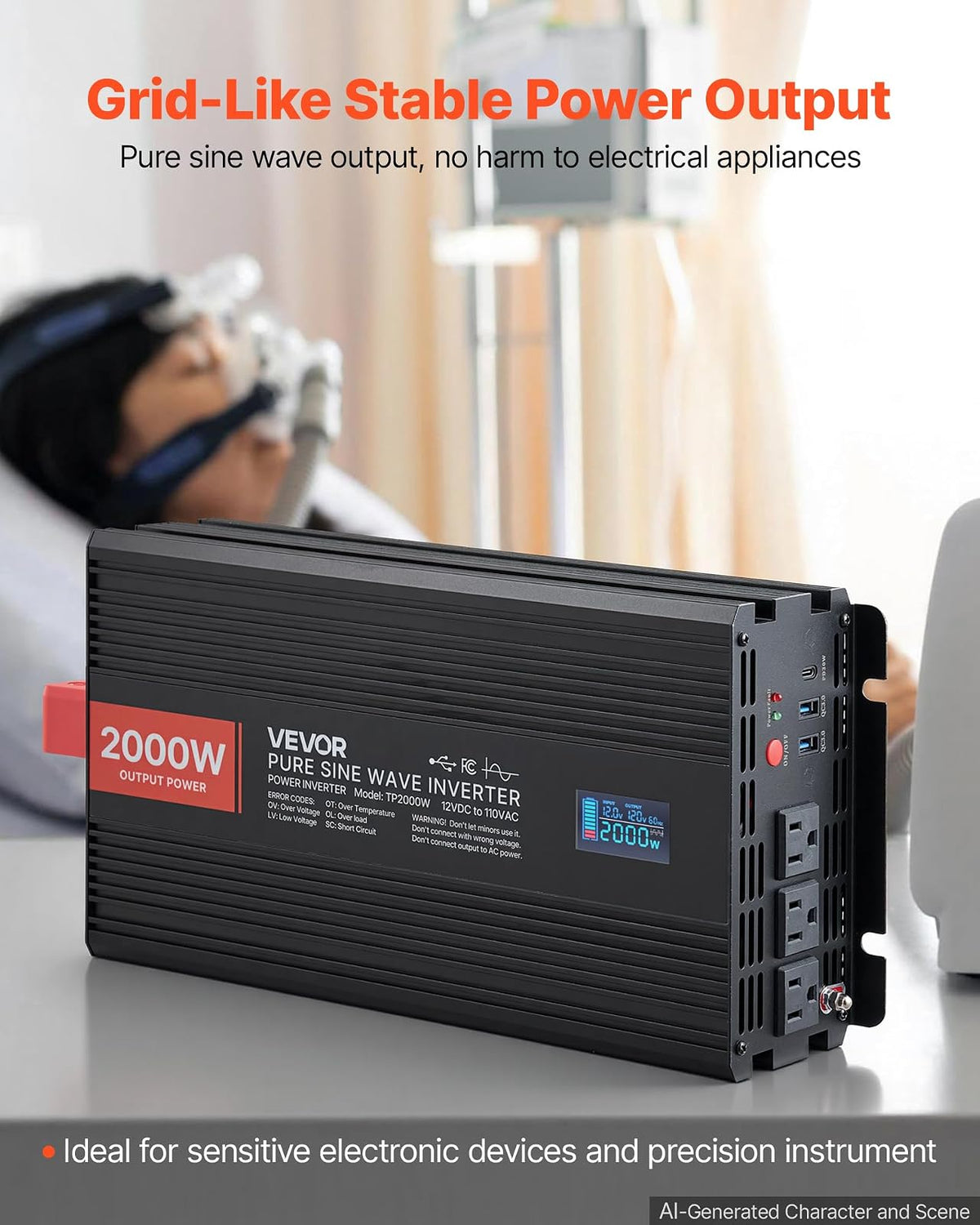 VEVOR Inversor de Onda sinusoidal Pura, 2000 vatios, CC 12 V a CA 120 V inversor de Corriente con 2 Salidas de CA, 2 Puertos USB, 1 Puerto Tipo C, visualización LCD y Control Remoto para Equipos