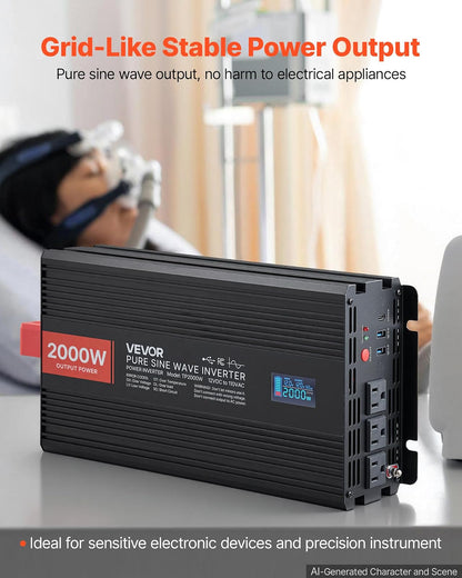 VEVOR Inversor de Onda sinusoidal Pura, 2000 vatios, CC 12 V a CA 120 V inversor de Corriente con 2 Salidas de CA, 2 Puertos USB, 1 Puerto Tipo C, visualización LCD y Control Remoto para Equipos
