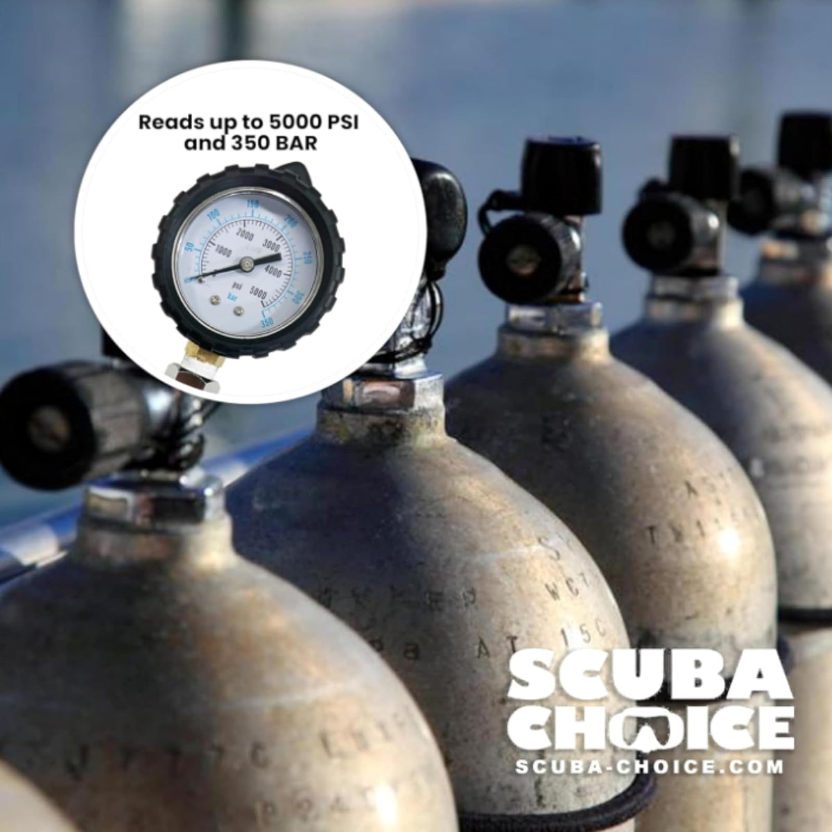 Scuba Choice - Comprobador de presión de tanque de yugo de buceo 5000 PSI 350 BAR - Medidor de presión preciso para tanques de válvulas de yugo 7 pulgadas de largo 2-1/4 pulgadas de ancho - Fabricado