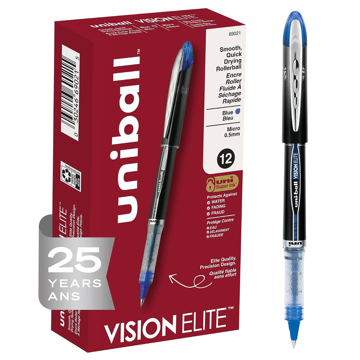 Uni-ball Vision Elite Bolígrafo Rollerball, Tinta Resistente al Agua - azul - 12 Unidad (Paquete de 1) - Refillable