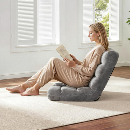 VEVOR Sillón de Suelo Relax, Sillón Reclinable con Respaldo Ajustable en 14 Posiciones, Acolchado de Espuma, Marco Metálico y Tapizado de Forro Polar Coral, para Lectura Descanso Juego, Color Gris
