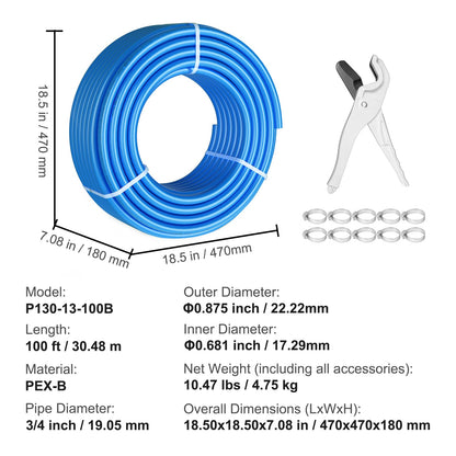 VEVOR Tubería PEX de 3/4 de pulgada y 100 pies de longitud. Tubería flexible PEX-B para agua potable. Líneas de agua PEX para agua caliente/fría, fácil de restaurar. Azul.