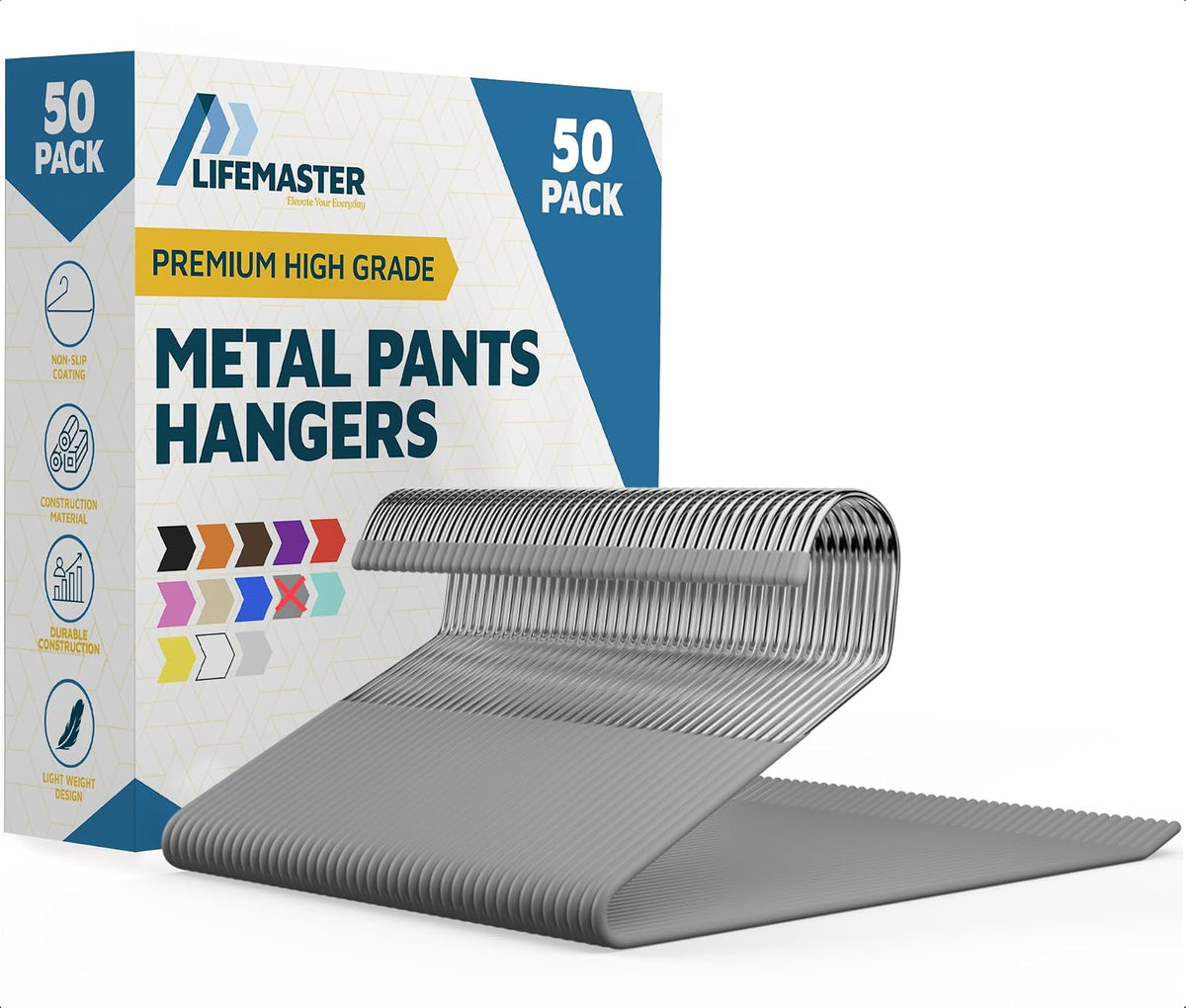 Lifemaster 50-Pc Heavy Duty Metal Non-Slip Pants Hanger Set - Space-Saving Closet Hangers for Pants, Jeans, Blankets, and More - Organize with Open-Ended Sleek Design - Grey