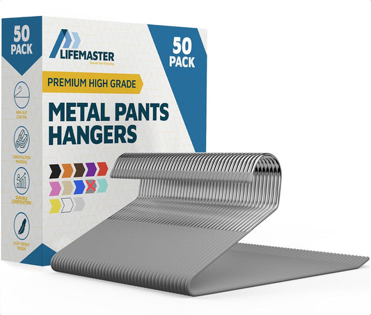 Lifemaster 50-Pc Heavy Duty Metal Non-Slip Pants Hanger Set - Space-Saving Closet Hangers for Pants, Jeans, Blankets, and More - Organize with Open-Ended Sleek Design - Grey