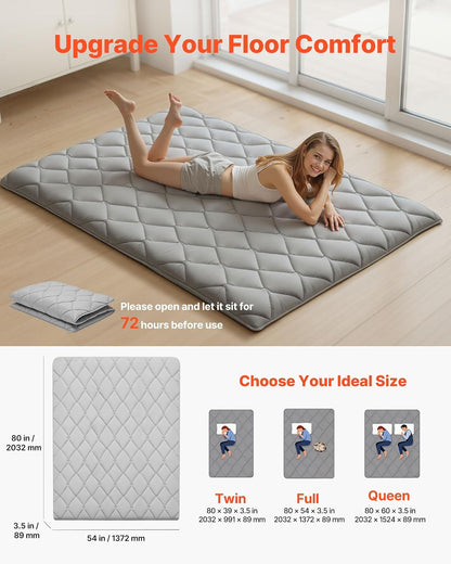VEVOR Colchón Futón Japonés, Colchón de Tatami Plegable, Tamaño Completo, con Bolsa de Almacenamiento y Herrajes de Montaje, Esterilla de 9 Capas para Meditación y Yoga, Gris, 2032 x 1372 x 89 mm