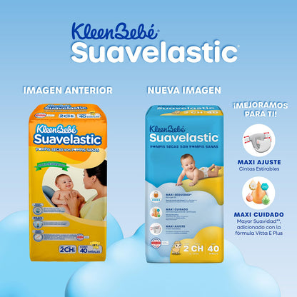 KleenBebé Suavelastic Pañal Desechable para Bebé, Talla Chico Unisex, Paquete con 40 Piezas, Ideal para Bebés de 5 a 7.5 kg