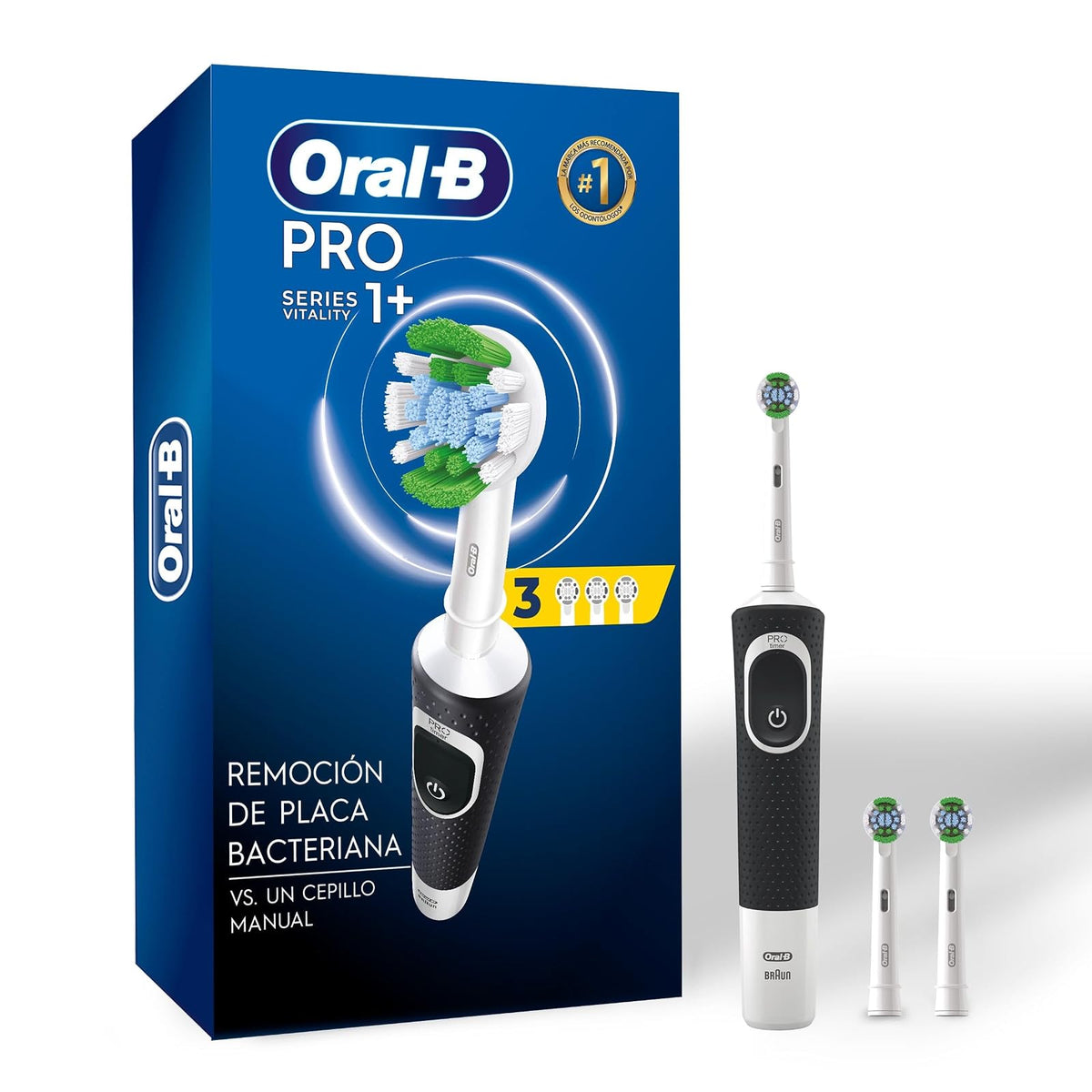 Oral-B PRO Series 1+ Cepillo de Dientes Eléctrico Cabezal Redondo, Mango Ergonómico, 3 Respuestos Presicion Clean, Negro