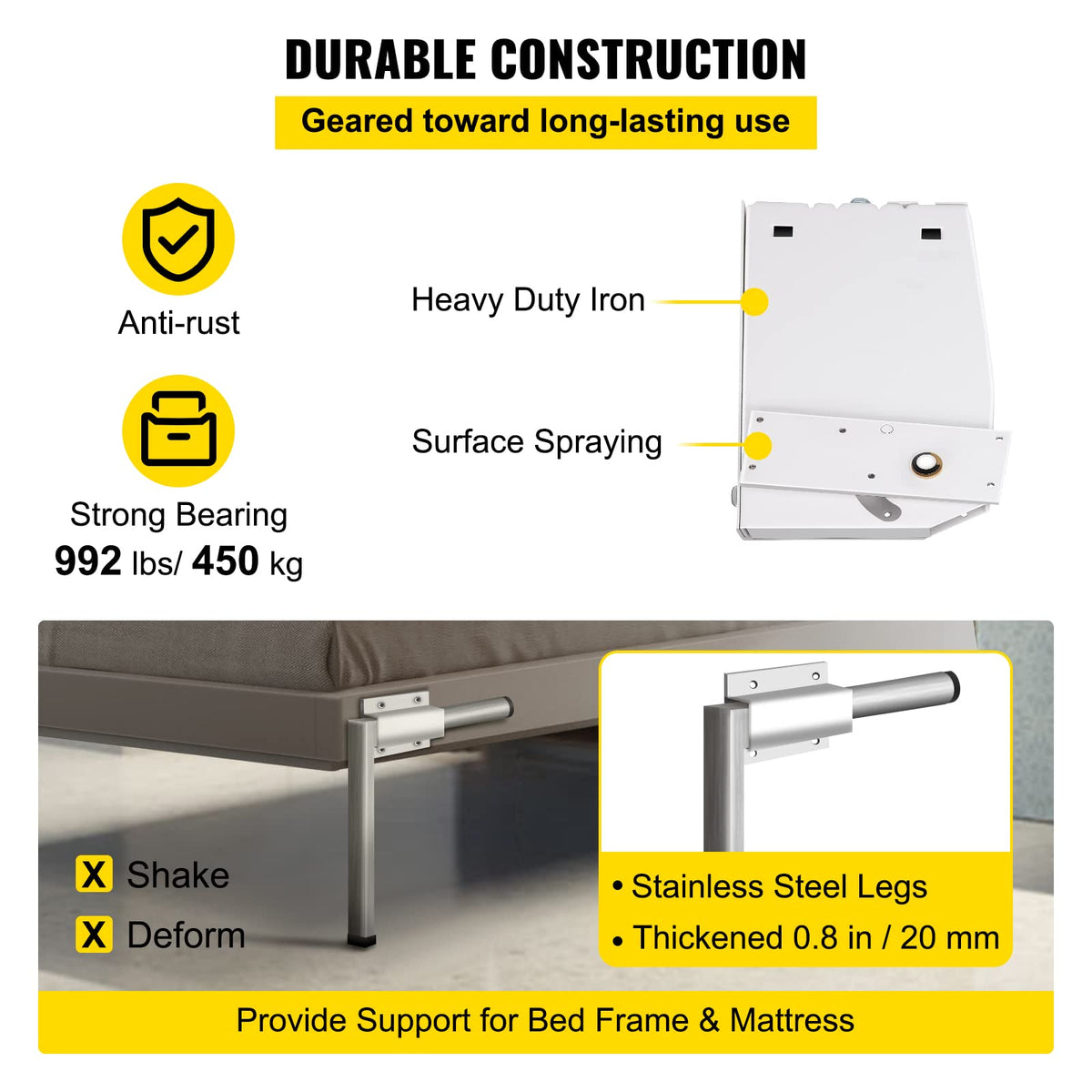 VEVOR Kit de Mecanismo de Montaje en Pared con Resorte, Capacidad de Carga de 450 kg, Kit de Bricolaje, Soporte de Cama para Cama Murphy de 1,2 a 1,8 m de Ancho, Cama King Vertical, Blanco