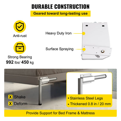 VEVOR Kit de Mecanismo de Montaje en Pared con Resorte, Capacidad de Carga de 450 kg, Kit de Bricolaje, Soporte de Cama para Cama Murphy de 1,2 a 1,8 m de Ancho, Cama King Vertical, Blanco