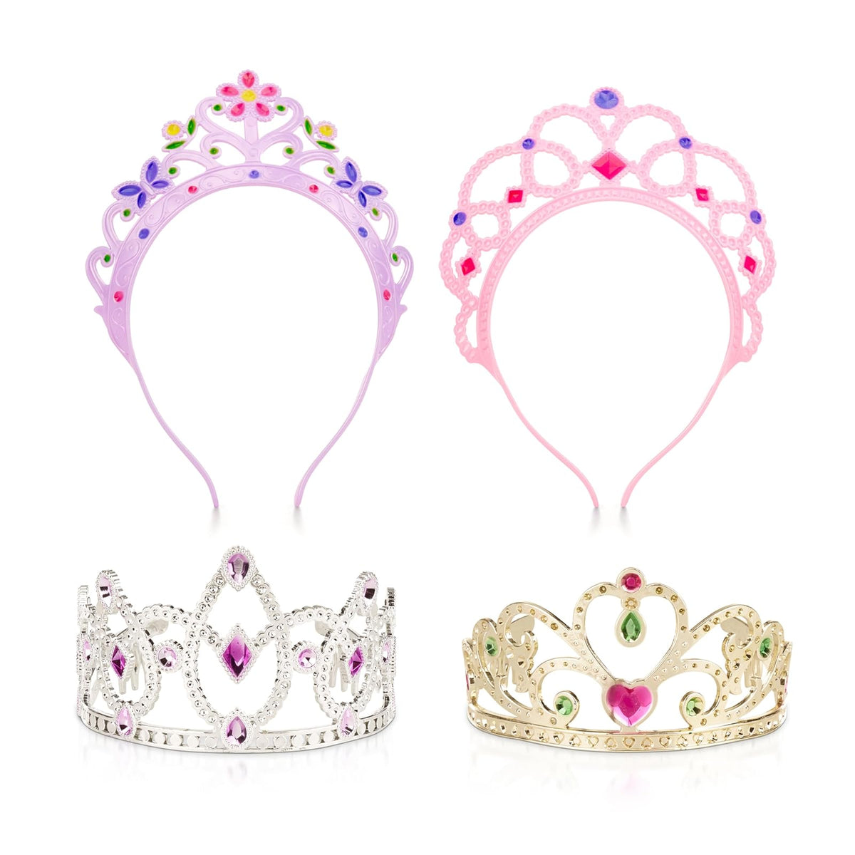 Melissa & Doug Diademas Para Disfrazarse Colección De Juego De Roles | 4 piezas, accesorios de vestir de princesa de simulación, 2 coronas metálicas, 2 tiaras perladas, juguetes preescolares para - Inglés