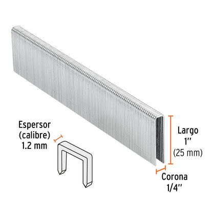 Truper GRANEU-1/4-25, Grapas para engrapadora neumática ENEU-1/4, 25mm, 5, 000 pzas