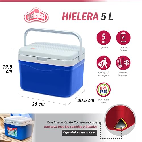 Guateplast - Hielera portátil de 5 litros (5.2 QT) | Capacidad para 6 latas | Cooler | Enfriador Resistente y liviano | Hielo