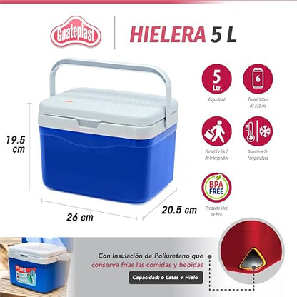 Guateplast - Hielera portátil de 5 litros (5.2 QT) | Capacidad para 6 latas | Cooler | Enfriador Resistente y liviano | Hielo