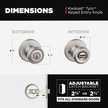 Kwikset Tylo - perilla para puerta de entrada con cerradura y llave, mango con llave segura exterior, entrada frontal y recámara, níquel satinado, seguridad SmartKey Rekey y Microban
