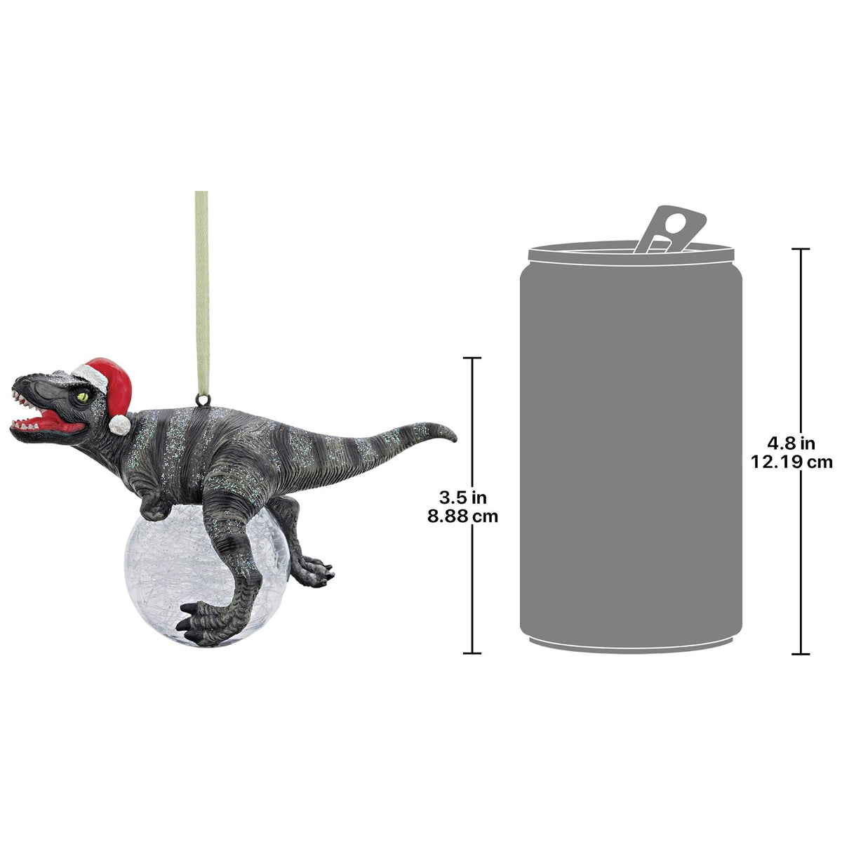 Design Toscano Blitzer The T Rex - Adorno para árbol de Navidad, 5 Pulgadas de Largo, Resina de Piedra fundida con Bola de Vidrio, Acabado Verde con Purpurina