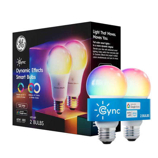 Cync GE Dynamic Effects - foco LED inteligente A19, luz WiFi inteligente que cambia de color, compatible con Alexa y Google Home (paquete de 2)