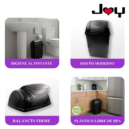 JOY - Bote de Basura Rectangular, Pack de 2, con Tapa de Balancín, Ideal para Mantener la Limpieza en el Hogar y Oficina, 13 Litros de Capacidad, Plástico Libre de BPA, Negro