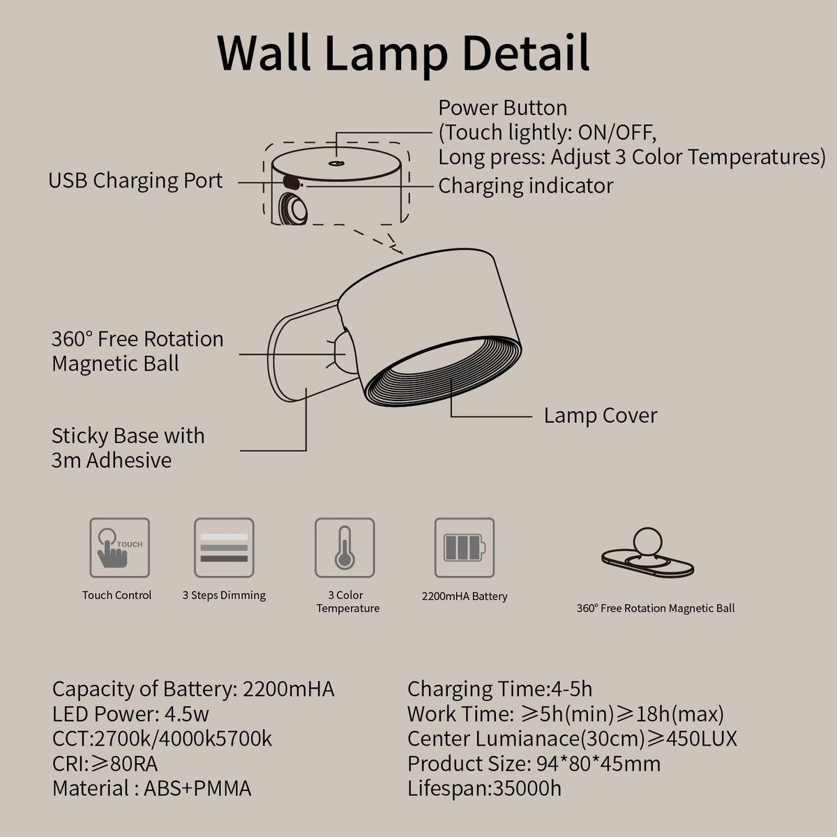 AKSDA Apliques de pared LED, lámparas de pared con pilas, luces inalámbricas montadas en la pared con 3 temperaturas de color y 3 brillo, bola magnética de 360°, puerto de carga USB para leer estudio
