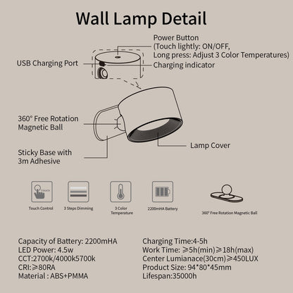 AKSDA Apliques de pared LED, lámparas de pared con pilas, luces inalámbricas montadas en la pared con 3 temperaturas de color y 3 brillo, bola magnética de 360°, puerto de carga USB para leer estudio