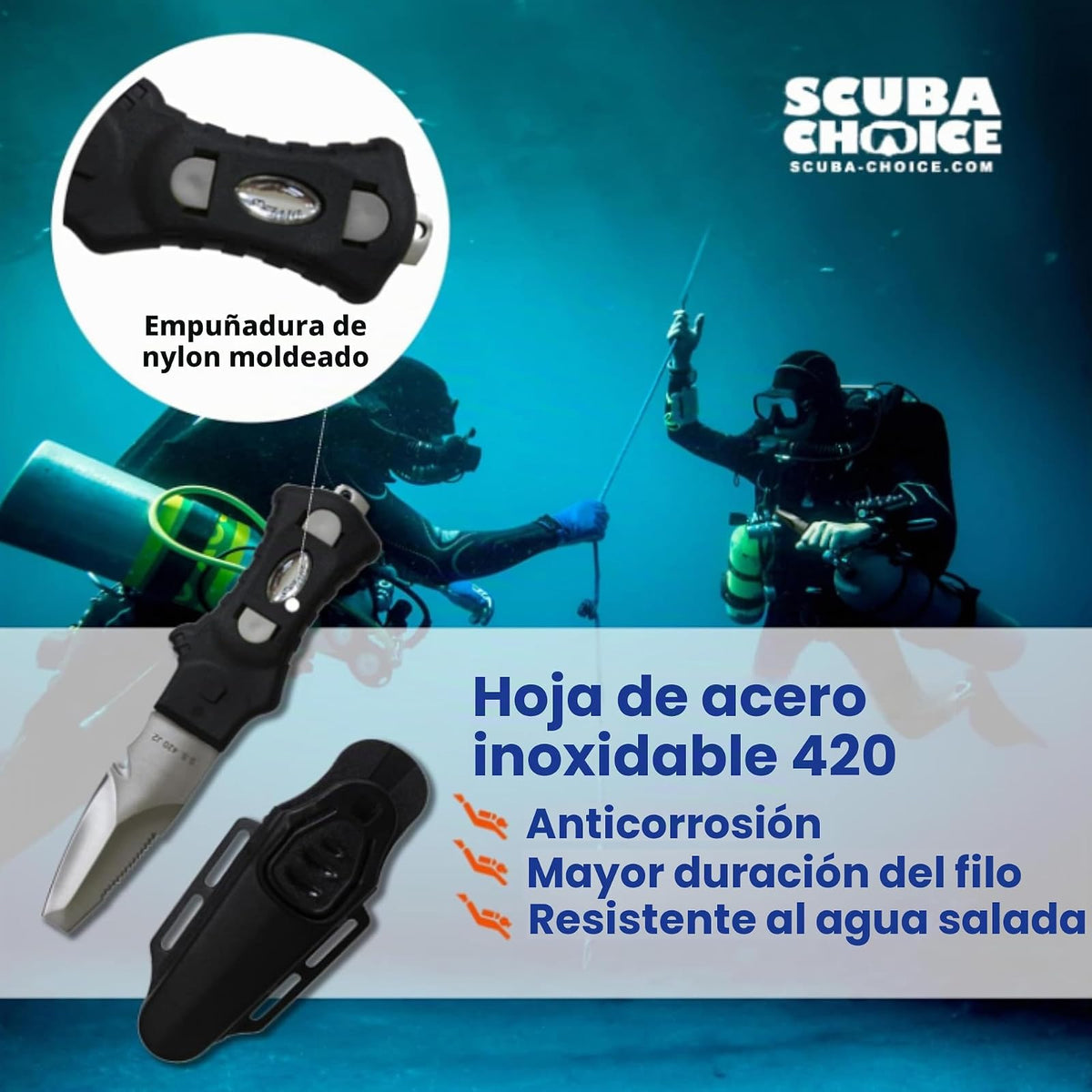 Scuba Choice Cuchillo Buceo Acero Inoxidable Punta Roma 9 Pulgadas | Punta roma, hoja 2.3 pulgadas, mango ergonómico, 7 pulgadas total, para buceo y esnórquel
