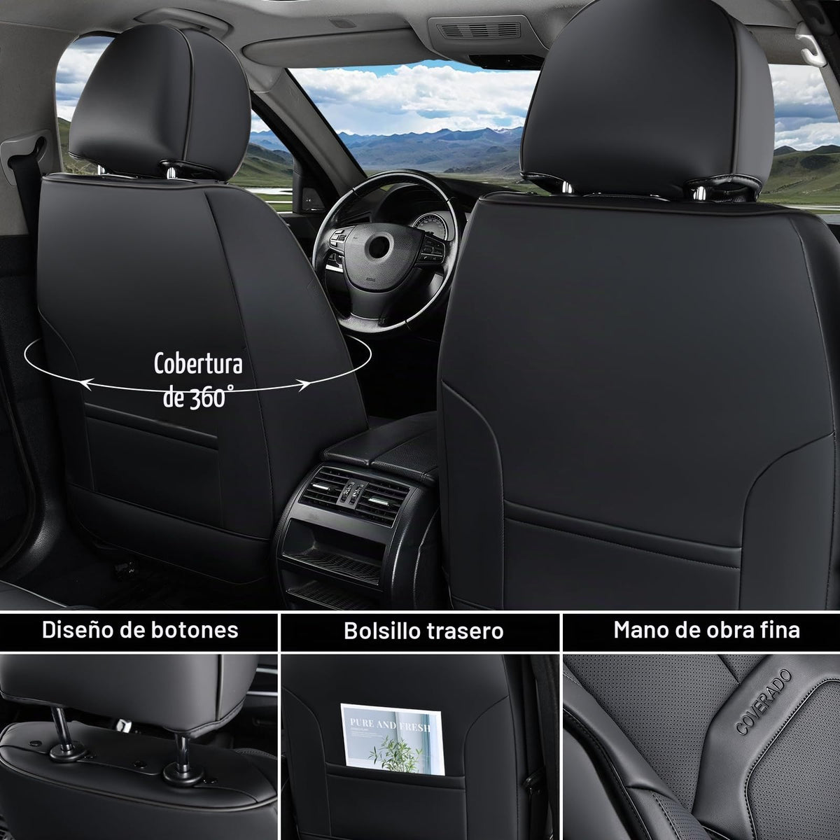 Coverado Juego Completo de Fundas de Asiento de Piel Napa Negro, Impermeables con Soporte Lumbar, Ajuste Universal