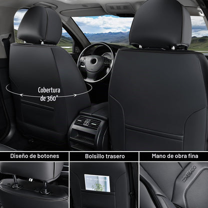 Coverado Juego Completo de Fundas de Asiento de Piel Napa Negro, Impermeables con Soporte Lumbar, Ajuste Universal