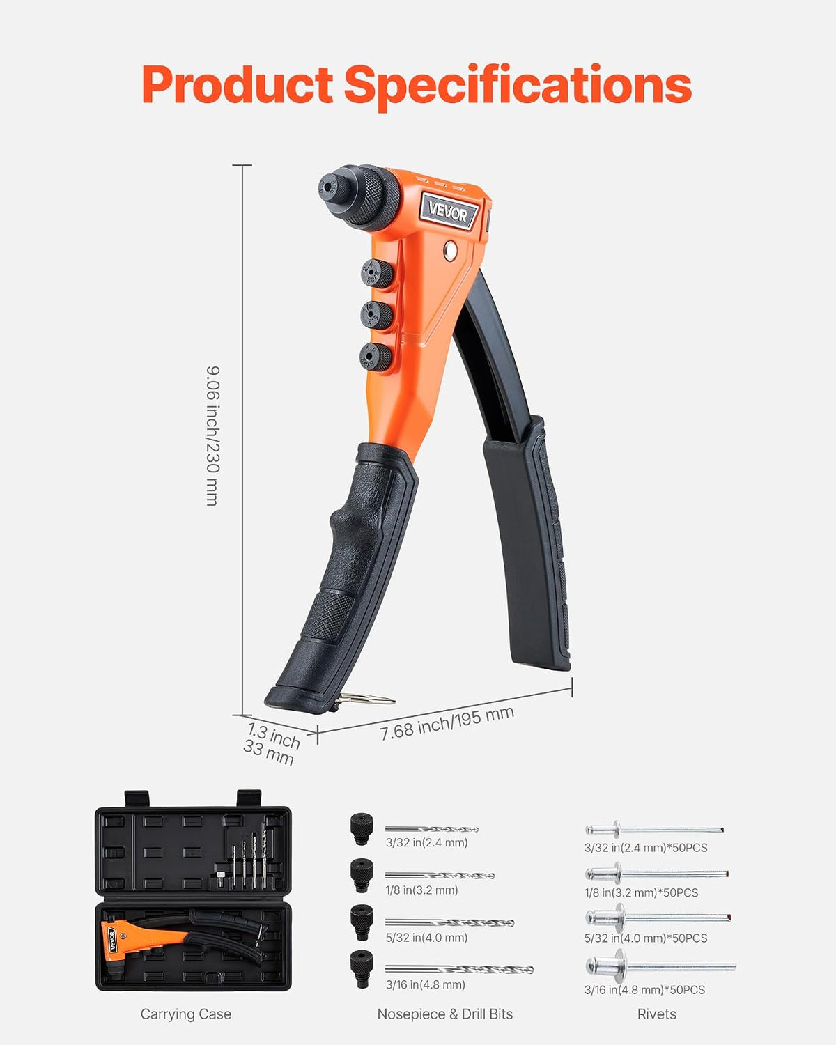 VEVOR Juego de Remachadoras con 200 Remaches Ciegos, 4 Boquillas Intercambiables, 4 Brocas y Estuche, Manual para Bricolaje de Metal, de Una Sola Mano, 230 x 195 x 33 mm, Color Naranja y Negro