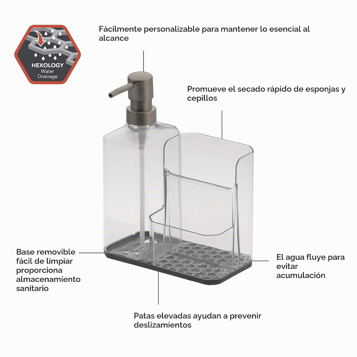 Spectrum Diversified Hexa Sponge & Brush Kitchen Organizer with Refillable Soap Pump, Sponge & Dish, Easy-Clean Sink Organization & Dish Brush Holder with Removable Base, Clear/Gray
