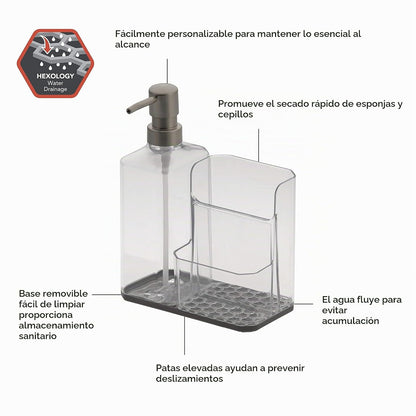Spectrum Diversified Hexa Sponge & Brush Kitchen Organizer with Refillable Soap Pump, Sponge & Dish, Easy-Clean Sink Organization & Dish Brush Holder with Removable Base, Clear/Gray