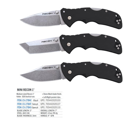Cold Steel Mini Recon 1 cuchilla de punta de clip AUS10A de 3 pulgadas, mango GFN de 4 pulgadas, cuchillo plegable con bloqueo de triple anuncio, bolsillo ambidiestro/clip para cinturón