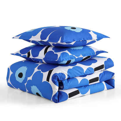 MARIMEKKO - Juego de Funda de edredón Reversible tamaño Full/Queen, percal de algodón con Fundas Decorativas a Juego, diseño Floral Unikko en Azul, Ropa de Cama para el hogar
