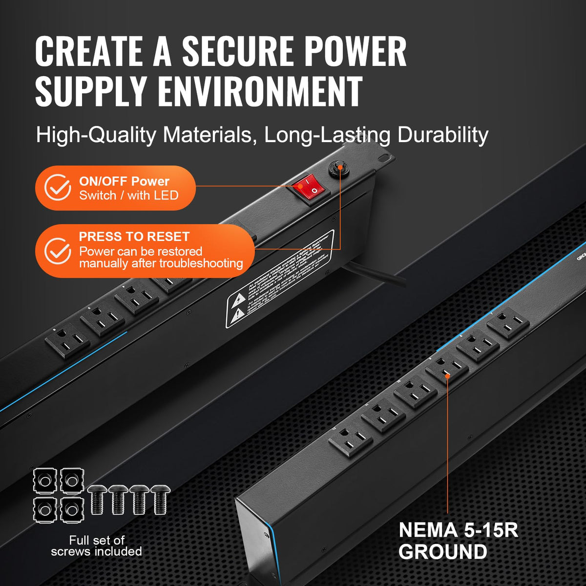 VEVOR - Tira de alimentación PDU Horizontal de 12 tomacorrientes de 1U para Racks de servidores de Red, protección contra sobretensiones y protección contra sobrecarga, 110-125V/15A, con Cable de