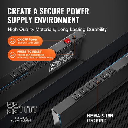 VEVOR - Tira de alimentación PDU Horizontal de 12 tomacorrientes de 1U para Racks de servidores de Red, protección contra sobretensiones y protección contra sobrecarga, 110-125V/15A, con Cable de