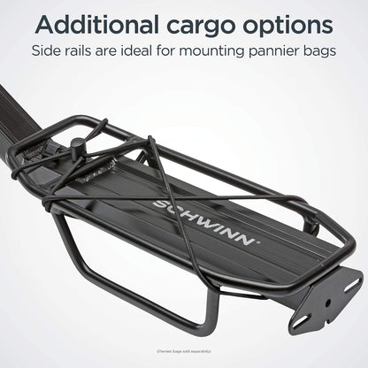 Schwinn - Estante de Carga Trasero para Bicicleta, Soporte Duradero para 26 Libras, se Adapta a la mayoría de para Adultos de 24 a 29 Pulgadas, con Centro, Lado o sin Puntos de