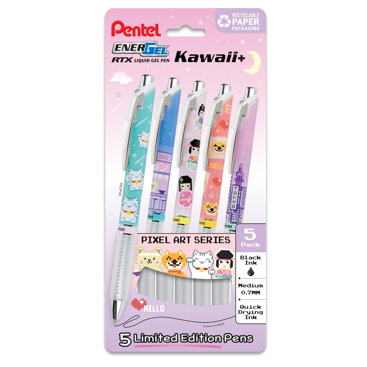 Pentel EnerGel RTX Kawaii Pixel Art BL77KWIPF5A | Negro, 0.7 mm, paquete de 5, tinta de gel líquido, diseño Tokio
