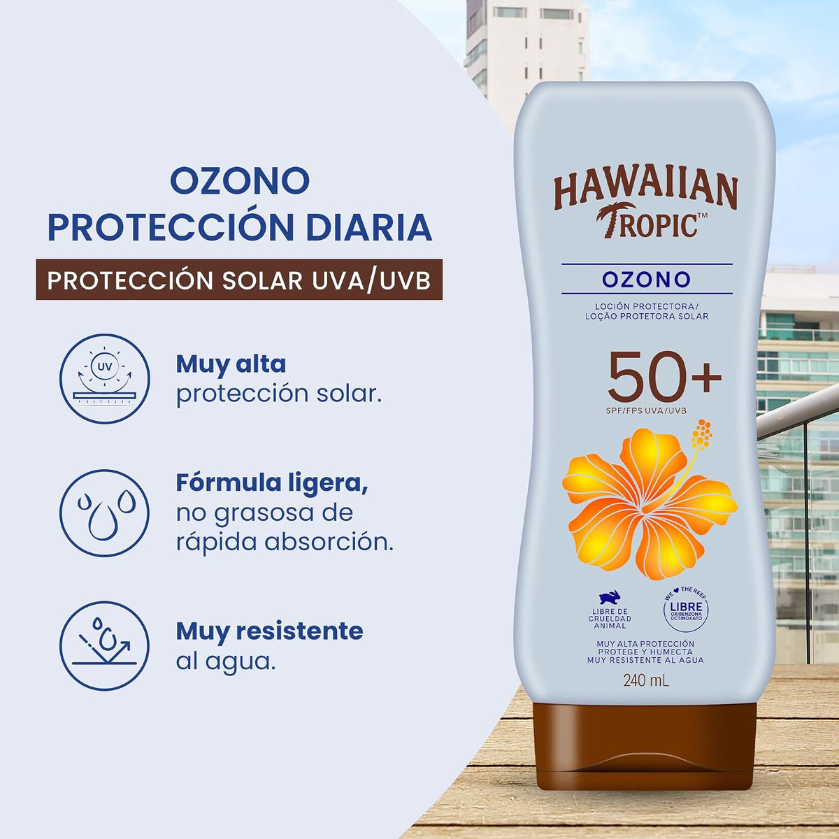 Hawaiian Tropic Ozono Protector Solar 50+ FPS Loción de 240 ml