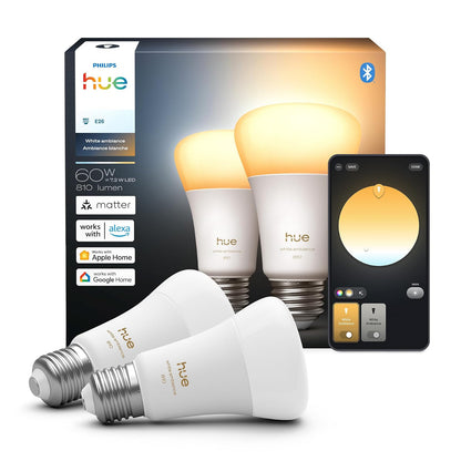 Philips Hue Foco Inteligente LED A19 White Ambiance 9 W, Base E27, Paquete de 2 - Chromasync - Paquete de 2