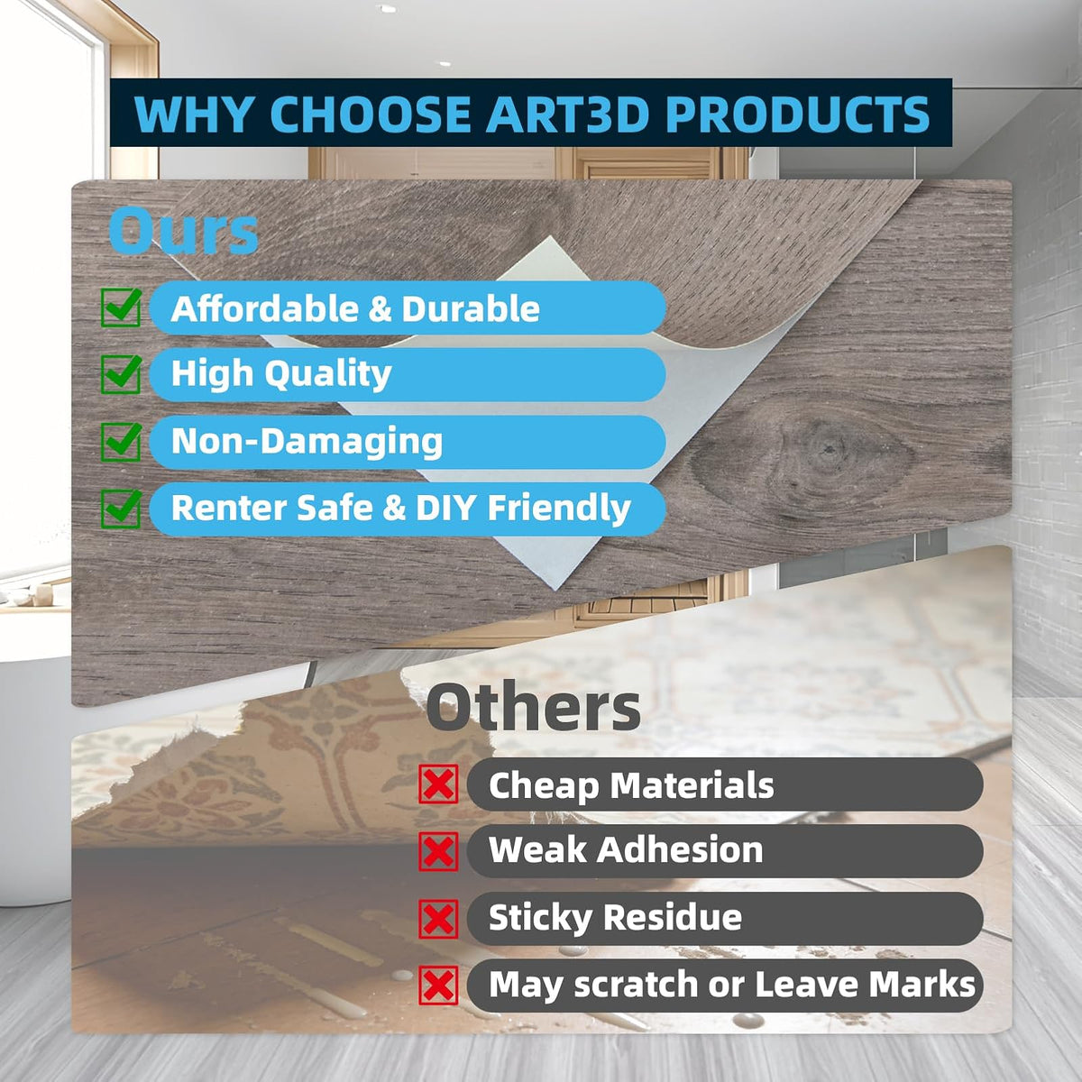 Art3d - Azulejos de piso para despegar y pegar de 15 pies cuadrados, 10 piezas de lujo de vinilo para pisos de madera, calcomanía e impermeable para recámara, sala de estar, cocina, teca