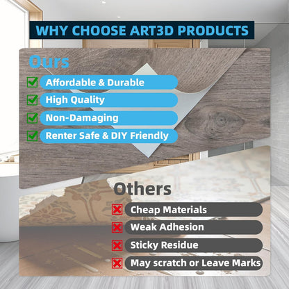 Art3d - Azulejos de piso para despegar y pegar de 15 pies cuadrados, 10 piezas de lujo de vinilo para pisos de madera, calcomanía e impermeable para recámara, sala de estar, cocina, teca