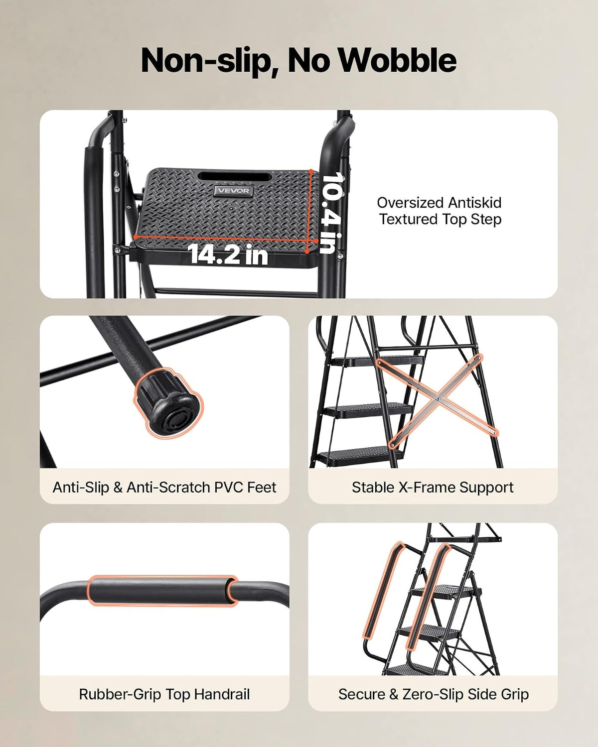 VEVOR Escalera Plegable de 5 Peldaños, Escalera de Tijera con Estructura de Acero, Capacidad de Carga Máx. 272 kg, con Pies Antideslizantes Bandeja de Herramientas Pasamanos, para Doméstico Oficina