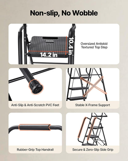 VEVOR Escalera Plegable de 5 Peldaños, Escalera de Tijera con Estructura de Acero, Capacidad de Carga Máx. 272 kg, con Pies Antideslizantes Bandeja de Herramientas Pasamanos, para Doméstico Oficina