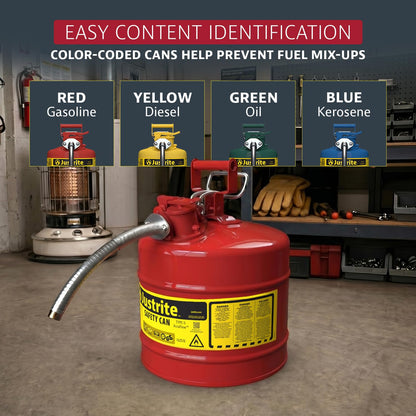Justrite 7250130 Galvanized Steel, AccuFlow Type II Red Safety Can with 1" Flexible Spout, Large ID zone, Meets OSHA & NFPA For Handling Hazardous liquids. 5 Gallon (19L) Size.