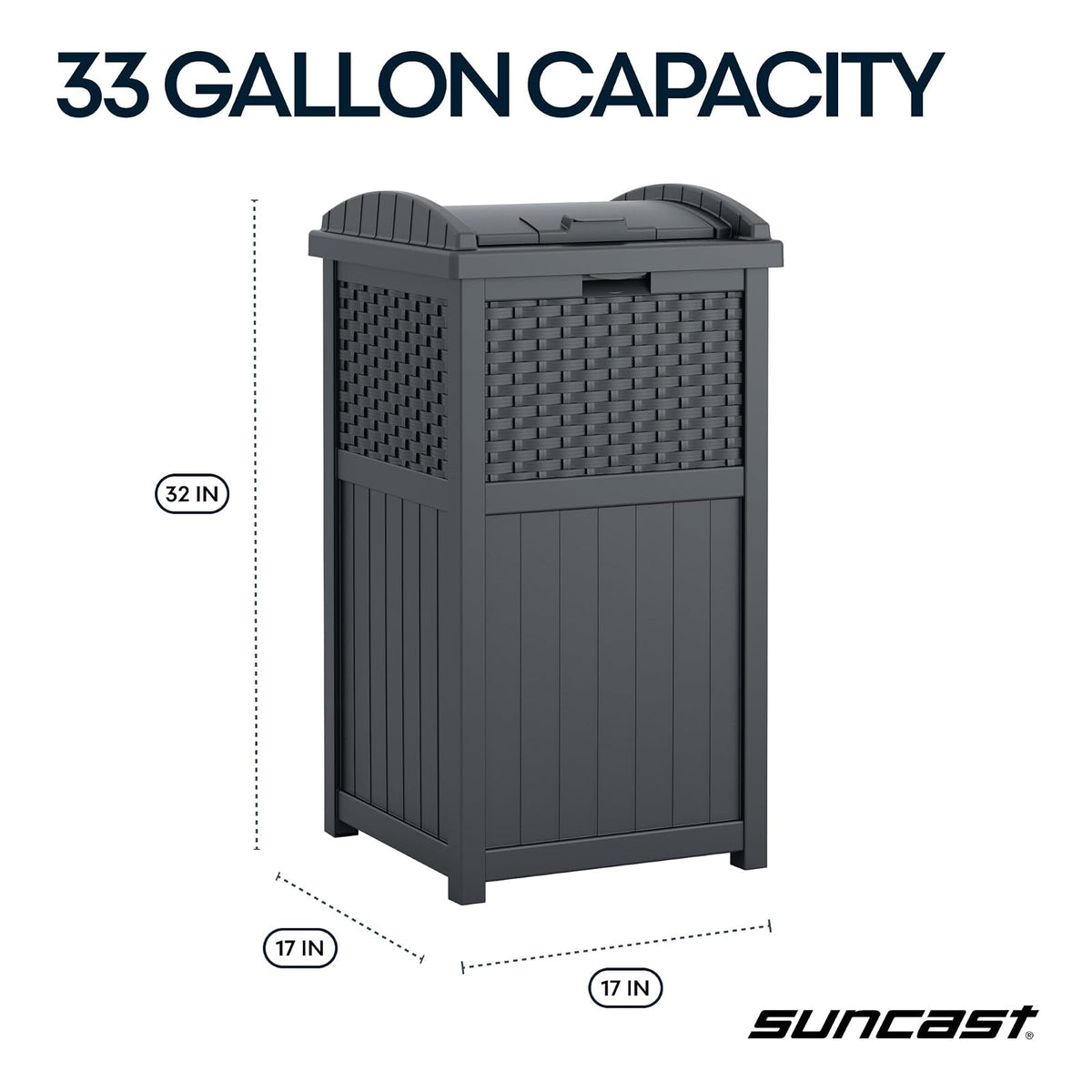 Suncast - Papelera de mimbre de 33 galones con tapa de cierre seguro y construcción resistente a la intemperie para patio, gris ciberespacio, fabricado en los Estados Unidos