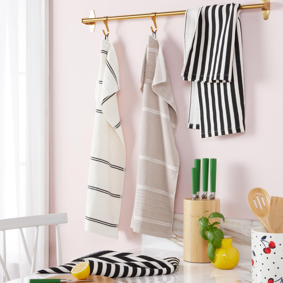 Kate Spade New York Botanical Stripe Juego de 4 Toallas de Cocina absorbentes, 100% algodón, Negro/Beige, 17 x 28 Pulgadas