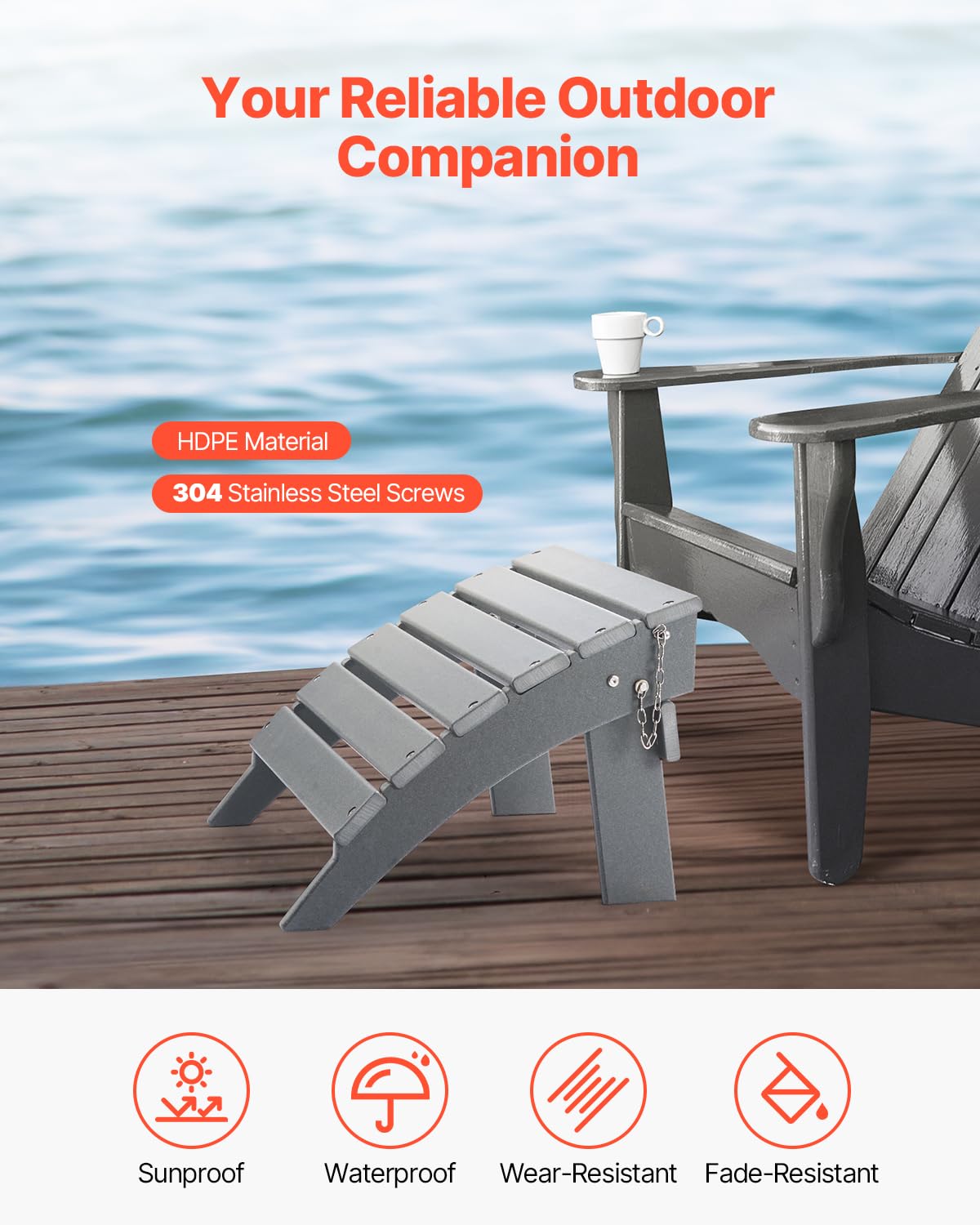 VEVOR - otomana Adirondack, 16.9 Pulgadas de Largo x 18.9 Pulgadas de Ancho x 13 Pulgadas de Alto, otomana Adirondack Plegable, Resistente a la Intemperie para Silla Adirondack, ampliamente Utilizado
