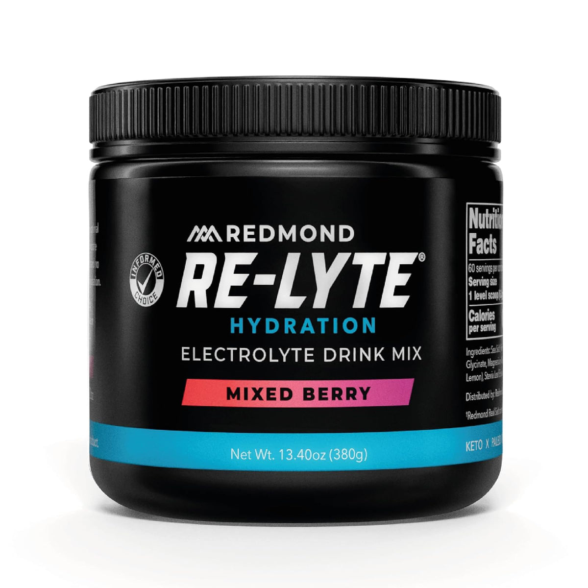 REDMOND RE-LYTE, Electrolitos Naturales con Real-Salt, Hidratación Clean sin Calorías ni Azúcares, 60 Porciones, Sabor Mixed Berry
