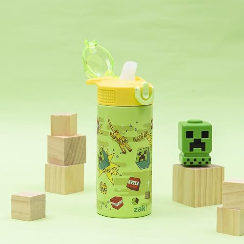 Zak Designs Minecraft Sage - Botella de agua para niños para la escuela o viajes, botella de agua de acero inoxidable de 14 onzas con popote, mango y a prueba de fugas, cubierta de boquilla