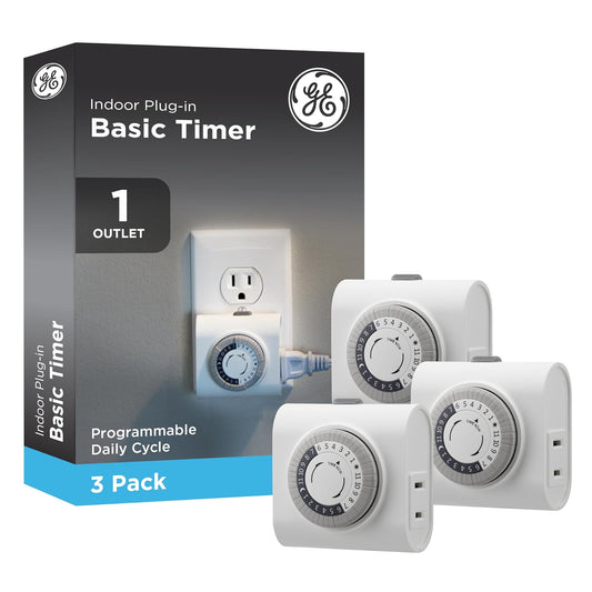 Paquete de 3: GE Temporizador básico para interiores de 24 horas, 1 toma polarizada, enchufable, ciclo de encendido/apagado diario, intervalo de 30 minutos, para lámparas, electrodomésticos de