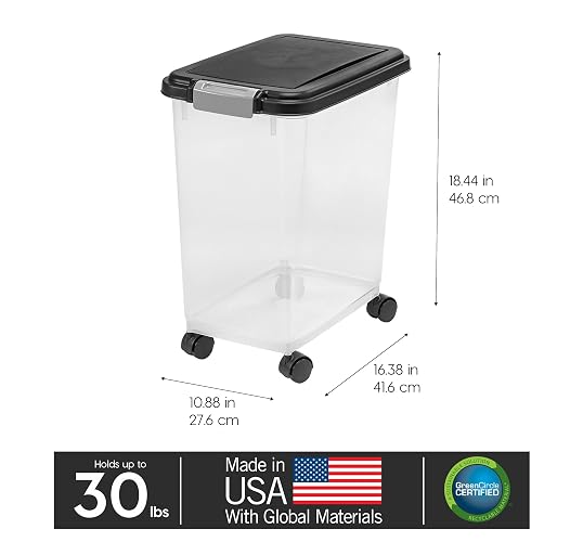 IRIS USA Contenedor Hermético WeatherPro, hasta 13.6 Kg, con ruedas, Ideal para perros, gatos y aves, Mantiene la frescura, translúcido y libre de BPA, Negro